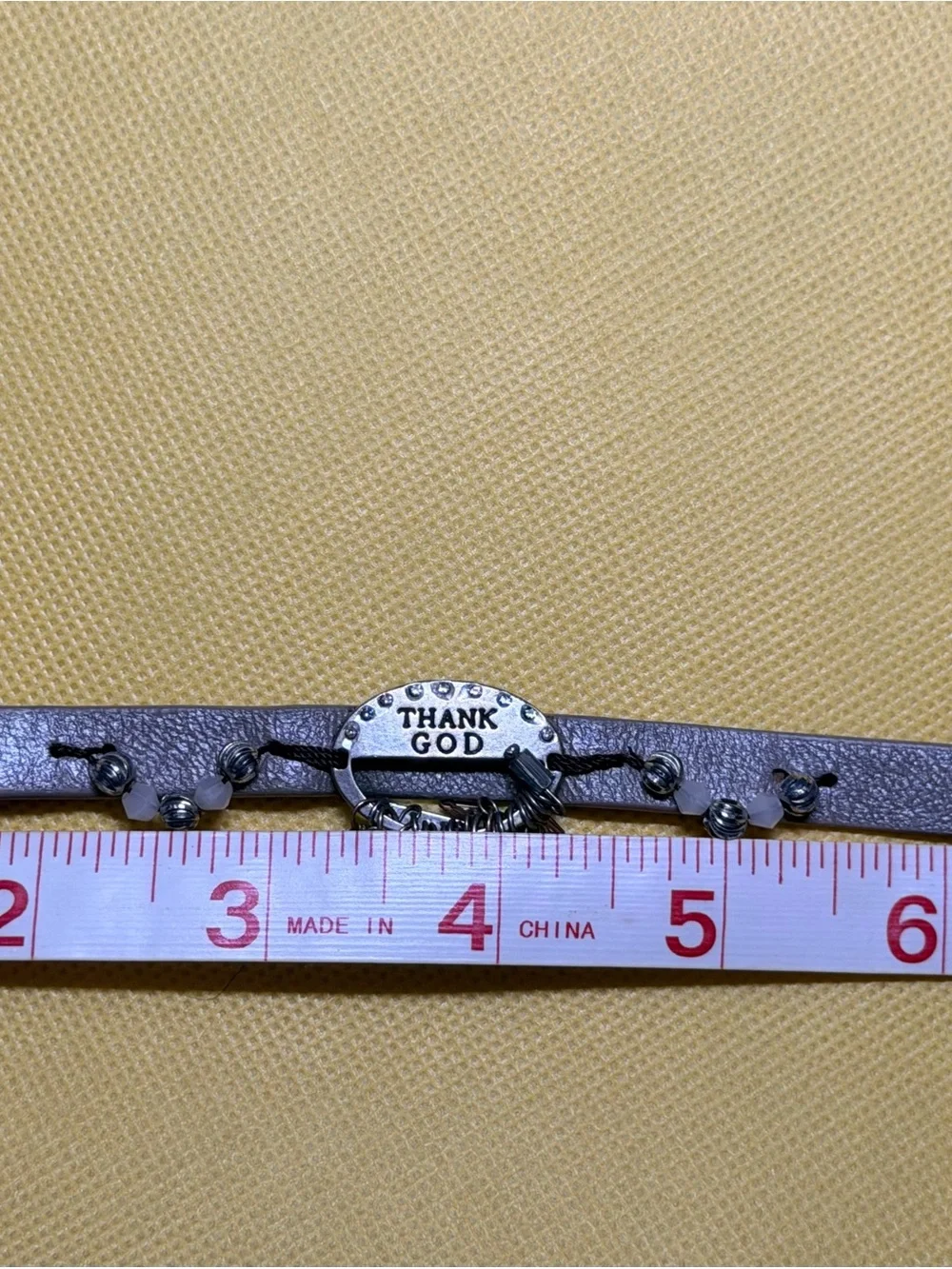 Silver-Tone 'Thank God' leather Charm Bracelet with Gray Band